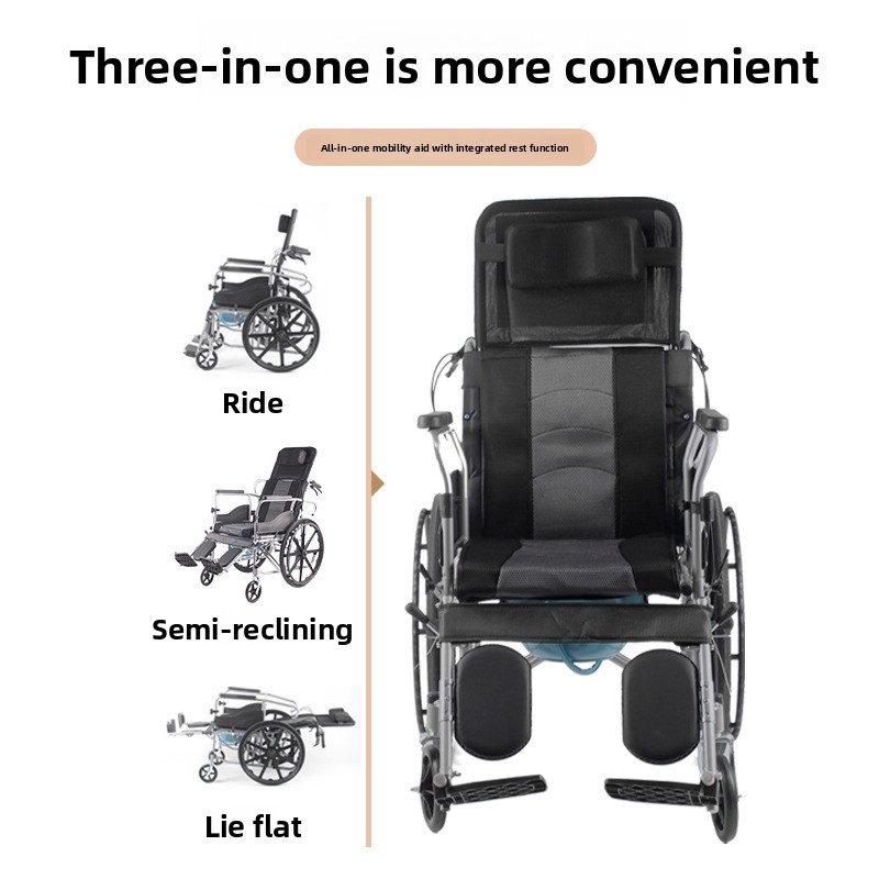 Fully Reclining Hydraulic Backrest Adjustment Carbon Steel Wheelchair Mobility Aid Portable Lightweight for Seniors People
