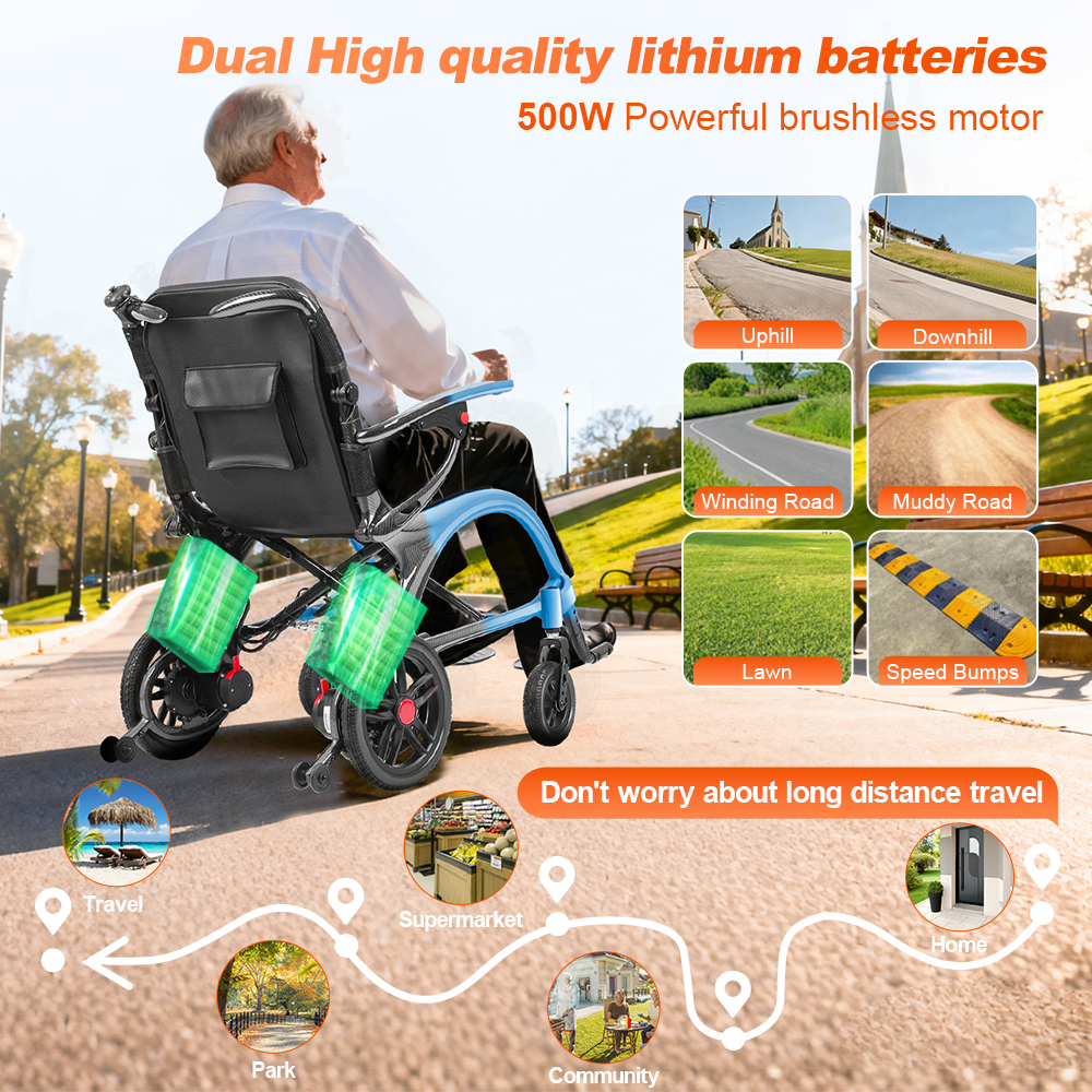Hot Selling 13kg Ultra Light Weight Carbon Electric Wheelchair 4 in 1 500W Brushless Motor Rollator Walker Caregiver Wheelchair