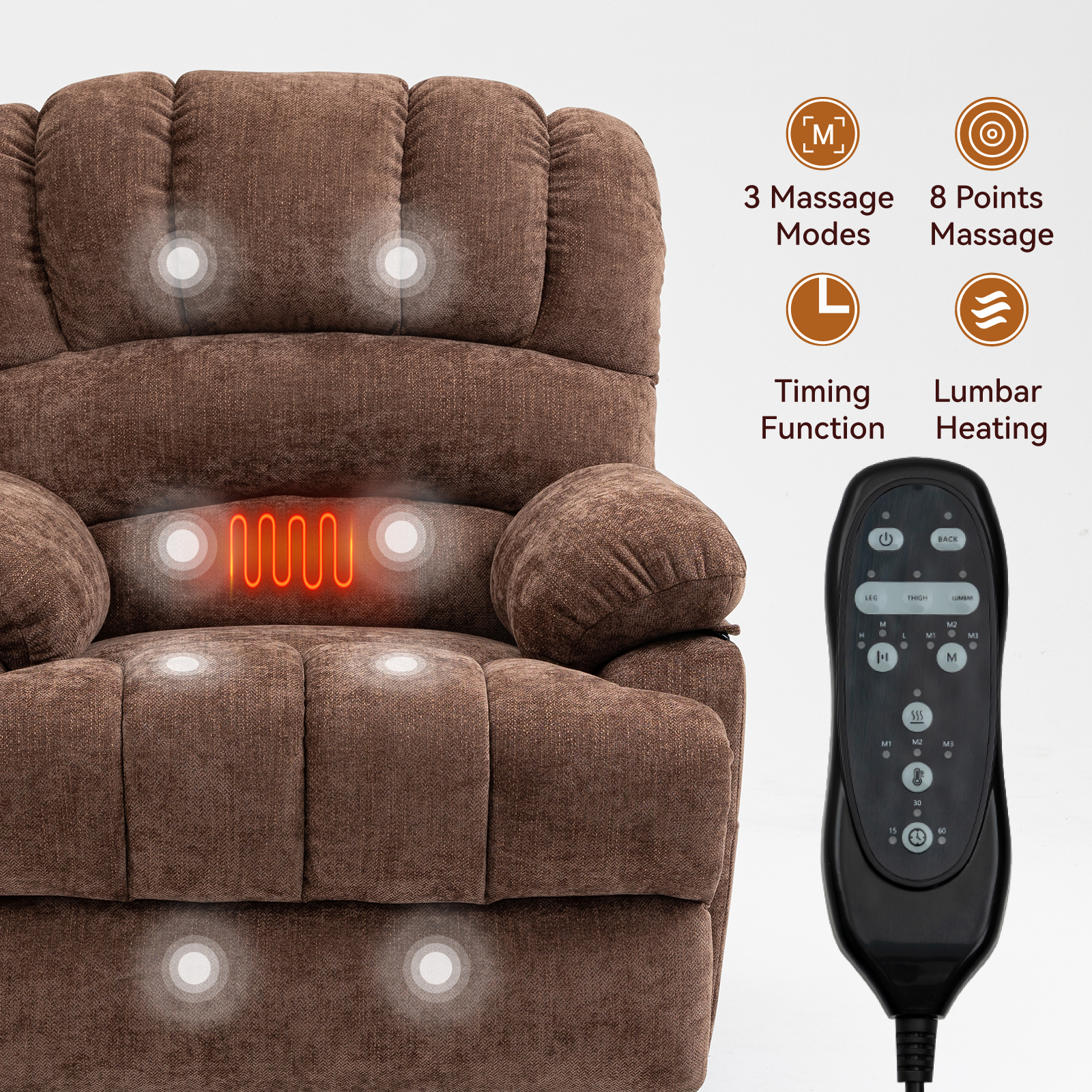 23" Seat Width Power Lift Recliner, Large Size Chenille Chair With 8-Point Vibration Massage &amp; Lumbar Heating, Brown