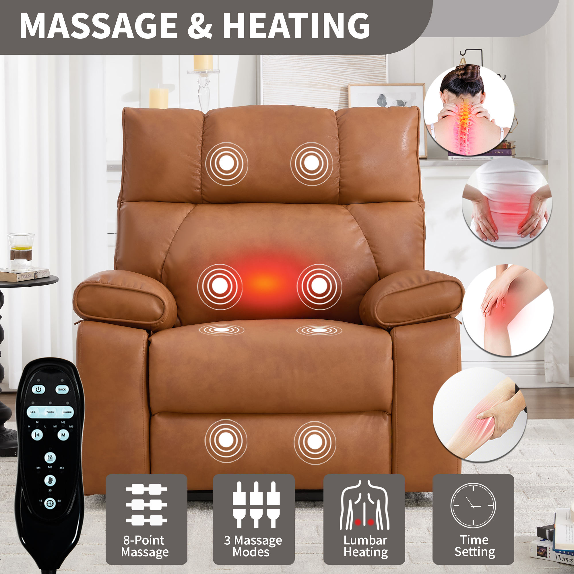 Orange Leatheraire Power Lift Recliner Chair, Dual Motor Heat Massage 350LBS With Hidden Cup Holder &amp; Remote Control