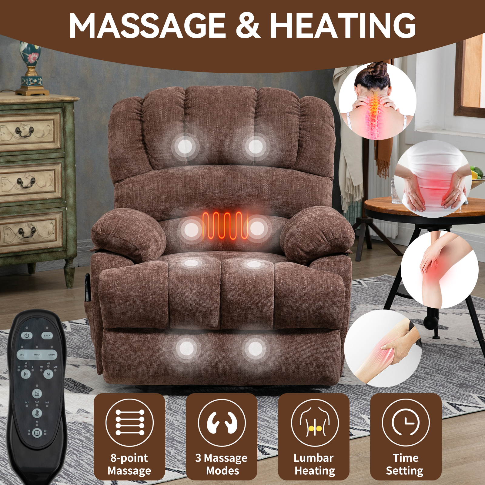 23" Seat Width Power Lift Recliner, Large Size Chenille Chair With 8-Point Vibration Massage &amp; Lumbar Heating, Brown