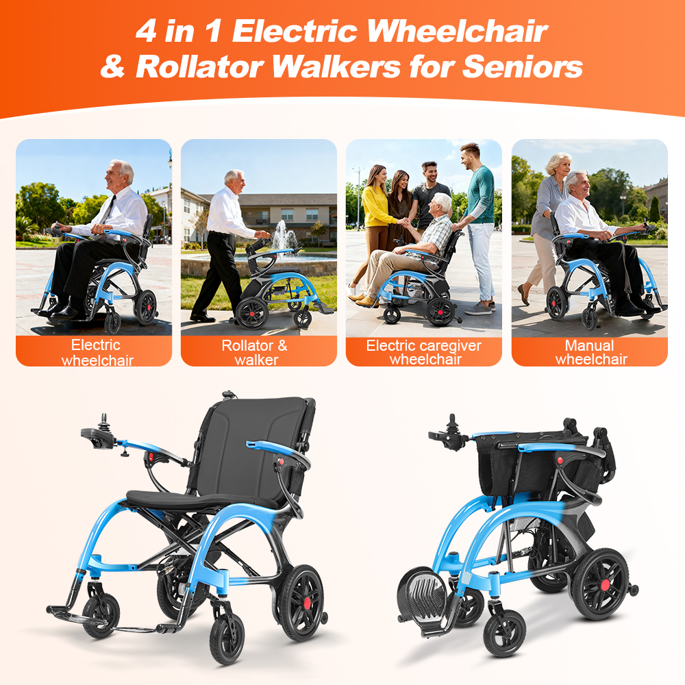 Hot Selling 13kg Ultra Light Weight Carbon Electric Wheelchair 4 in 1 500W Brushless Motor Rollator Walker Caregiver Wheelchair