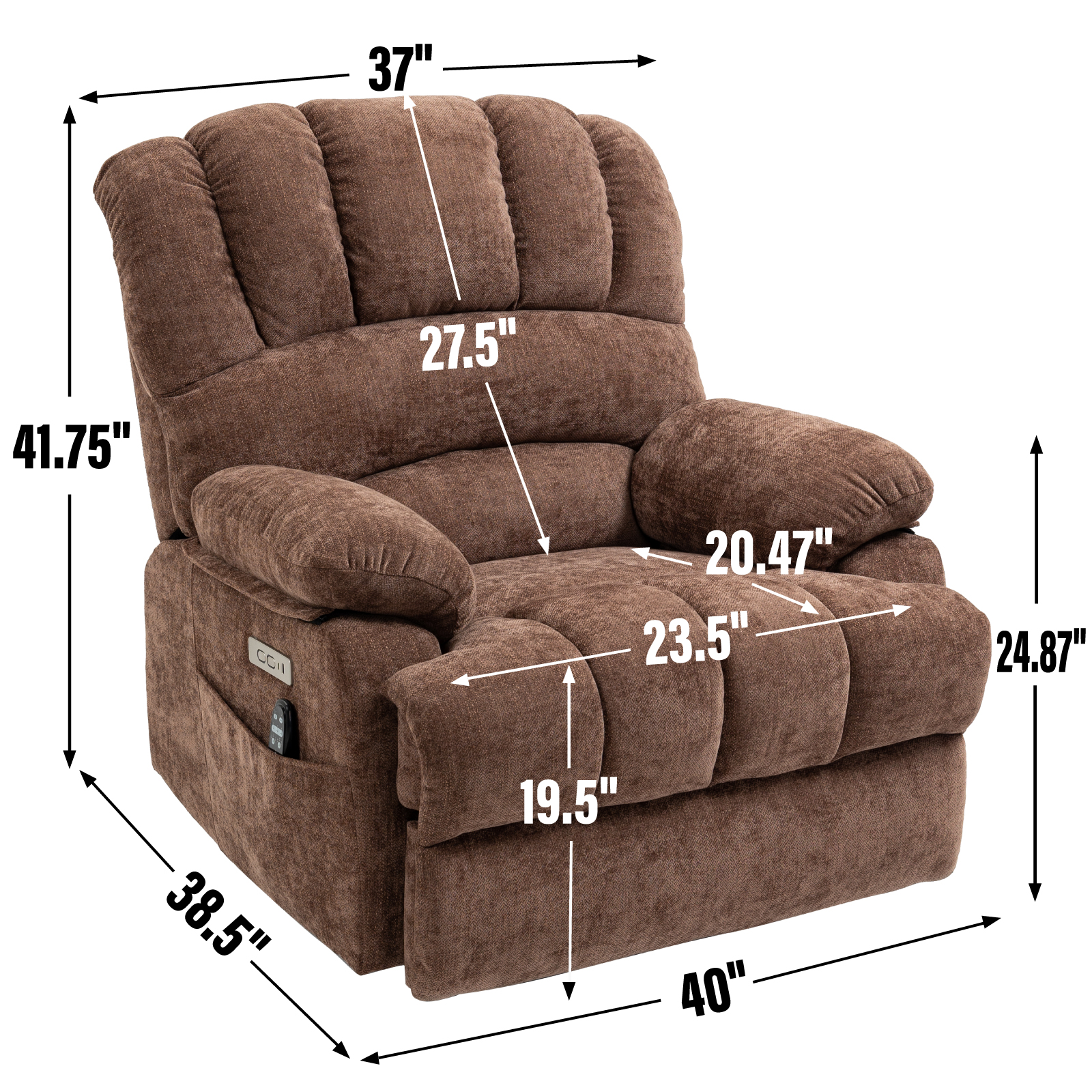 23" Seat Width Power Lift Recliner, Large Size Chenille Chair With 8-Point Vibration Massage &amp; Lumbar Heating, Brown