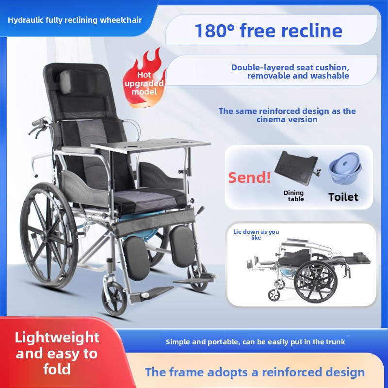 Fully Reclining Hydraulic Backrest Adjustment Carbon Steel Wheelchair Mobility Aid Portable Lightweight for Seniors People