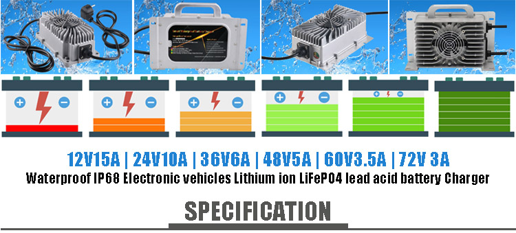 Waterproof 12V-72V Lead Acid Li-ion Lithium Intelligent Smart Portable Battery Charger CE Certified 1 Year Warranty