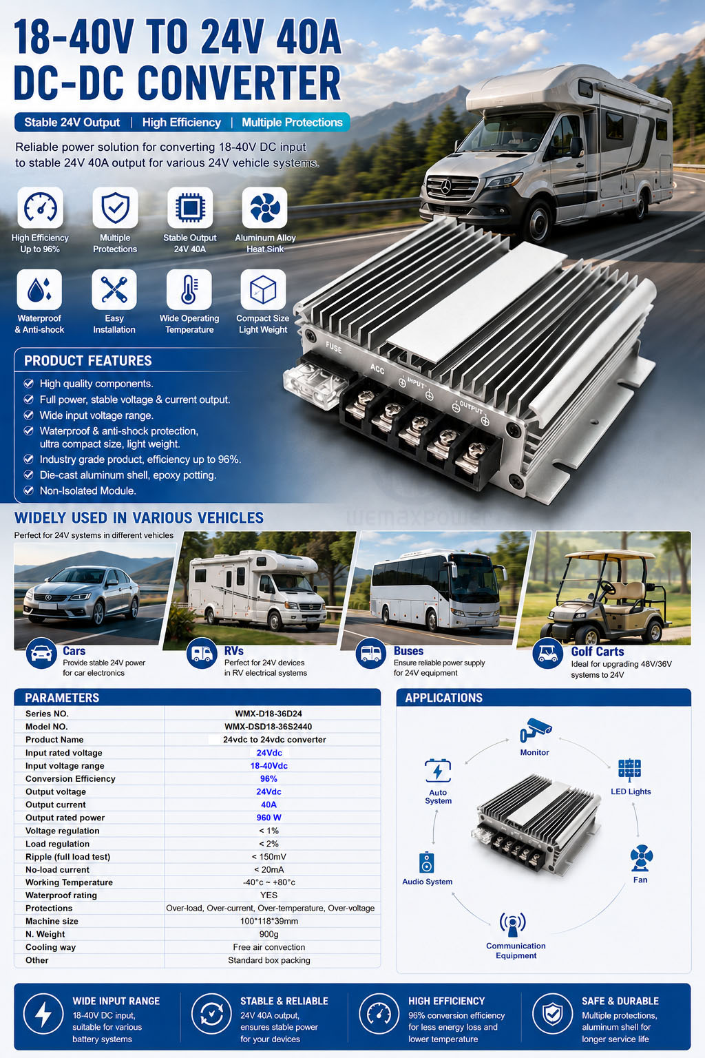 With Fuse ACC Control 40amp Car Voltage Regulator 24V Step up Down 24V Transformer 40a 24Vdc to 24vdc DC-DC Converter