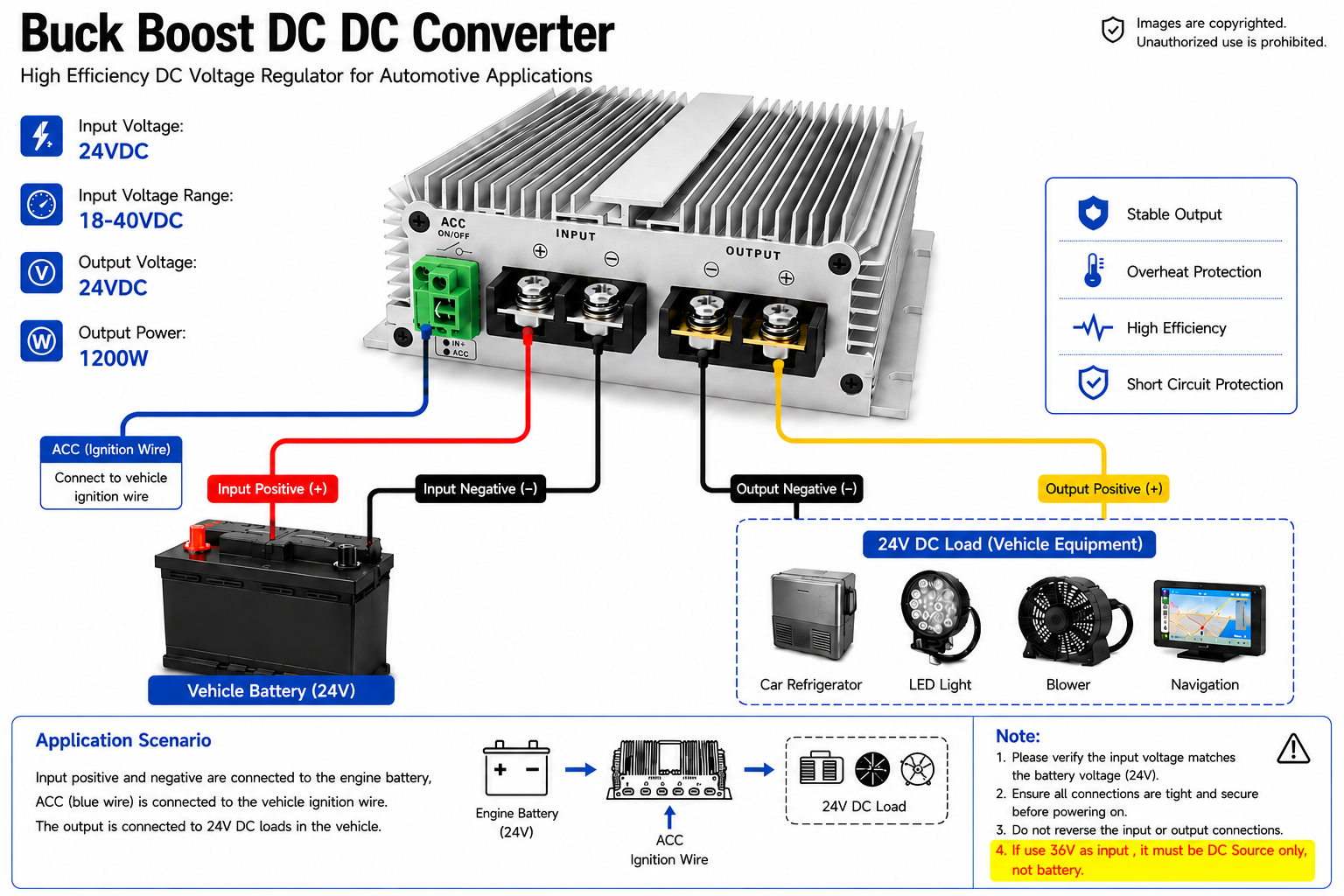 Waterproof 18-40V Input 24V 36V Step up Down 24vdc 50a Converter
