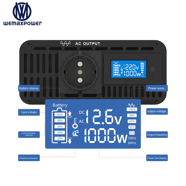 Smart LCD Display 12V/24V/48V 220V/230V/240V 50Hz/60Hz 1000W DC AC Single Pure Sine Wave High Frequency Portable Power Inverter