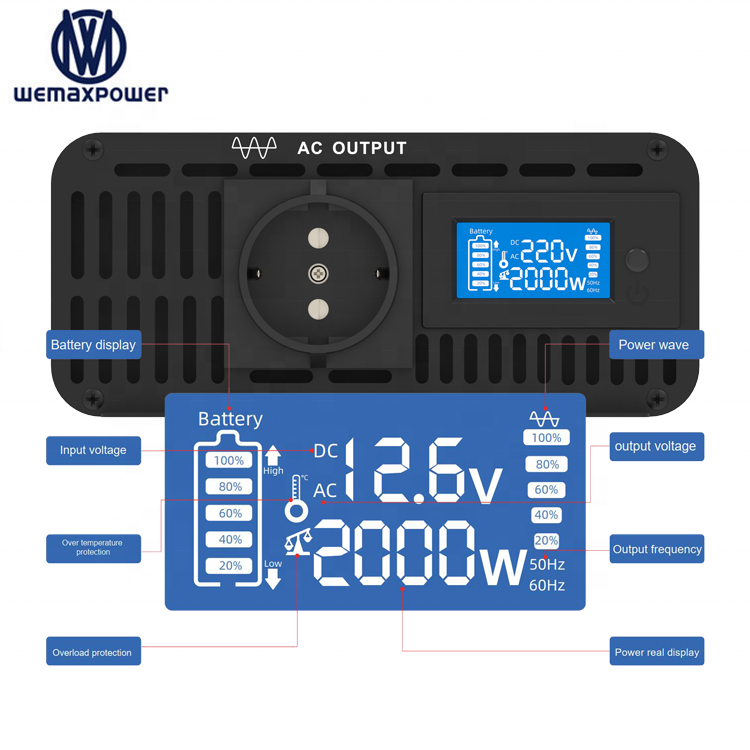 WEMAXPOWER Home Inverter Dc to Ac Pure Sine Wave with Multi protection of Power Inverter 12v 220v 2000w