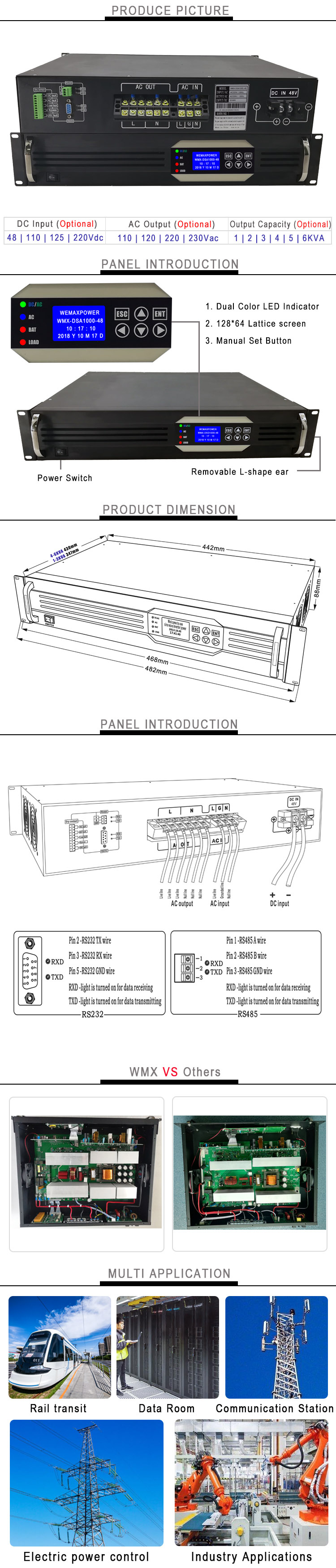 Power Factor 0.8 125Vdc to 220Vac 50Hz 2000VA 2KVA 1600W Pure Sine Wave Power Inverter