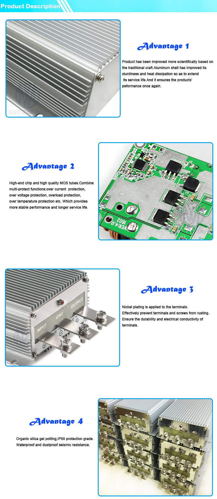 Good Heat Dissipation 12VDC to 24VDC 40A Single Phase DC-DC Boost Converter for Automotive Home & Motor Use 96% Efficiency