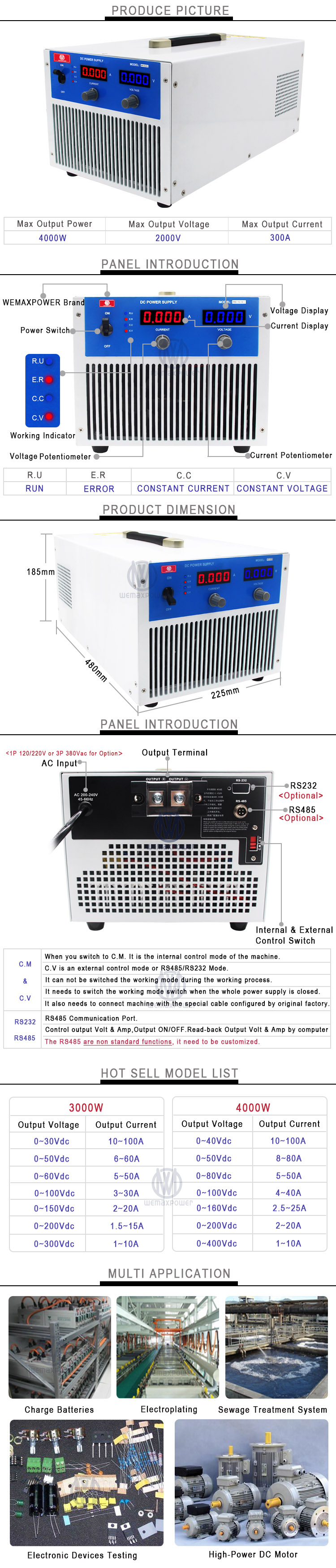 WEMAXPOWER 400V 10A Single Output DC Power Supply with 0-5Vdc Analog Signal Remote Control for Industry Use Variable