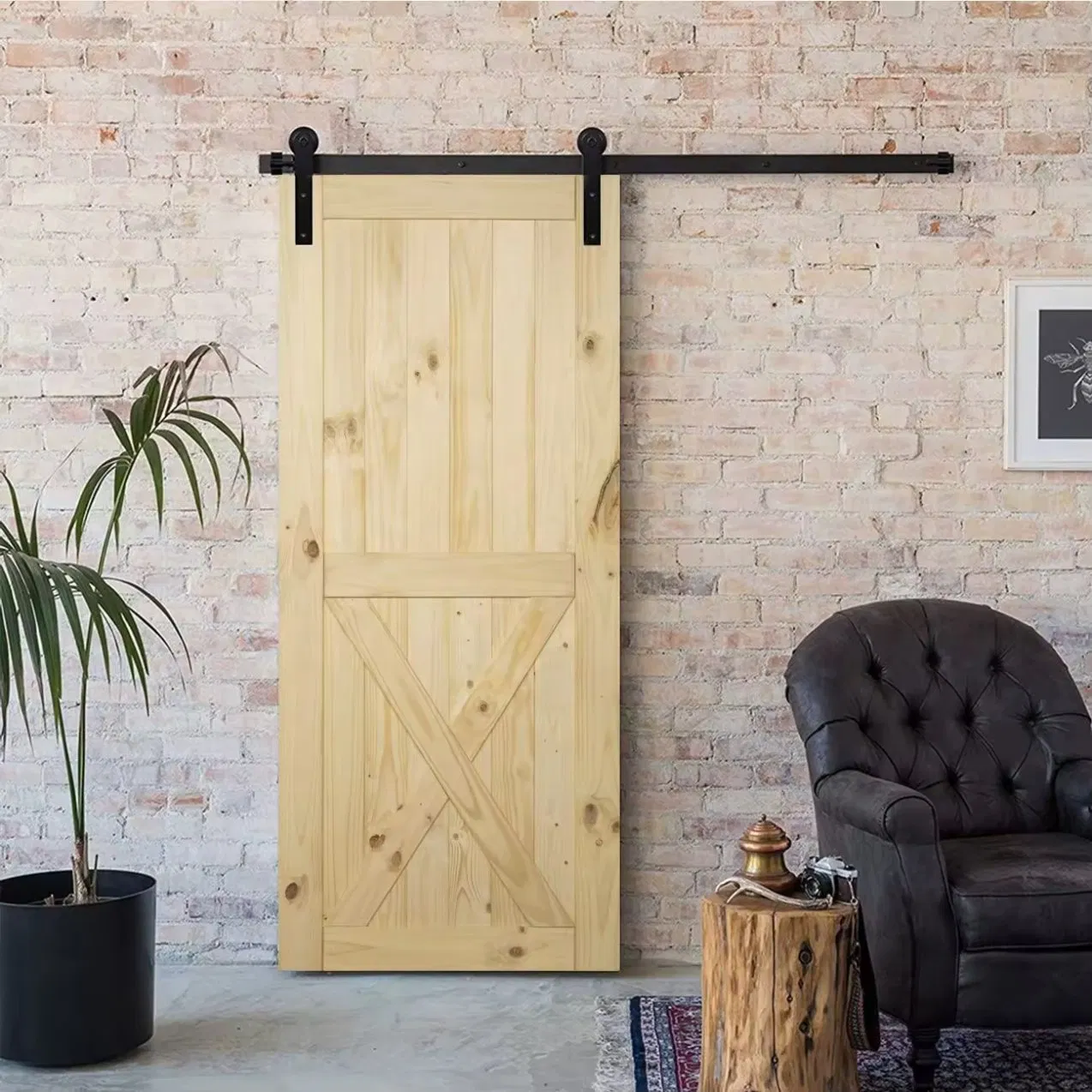 Modern House Interior Solid Core Wooden Knotty Pine Sliding Barn Door with Hardware