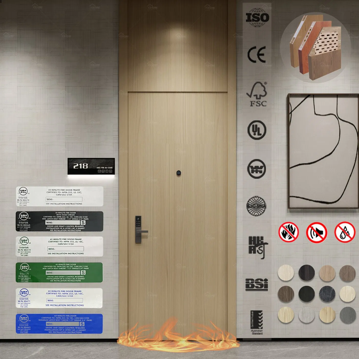 En1634-1 European Standard 30 60 Minute Fire Rated Solid Core Timber Door CE Marked for Boutique Hotel Suites Romania