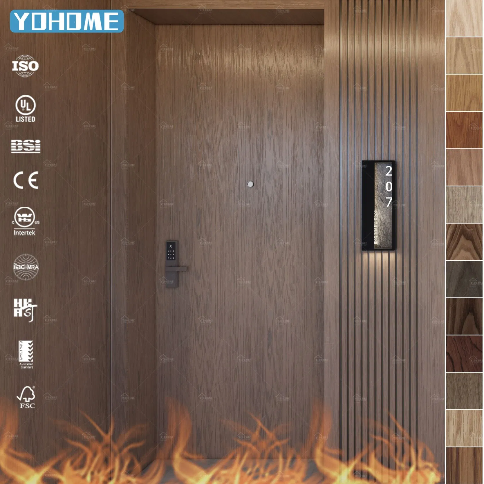 American Fire Door Custom Hotel Apartment Oak Veneer 44mm Thick Internal Modern 20 45 60 Minute Fire Rated Wood Door