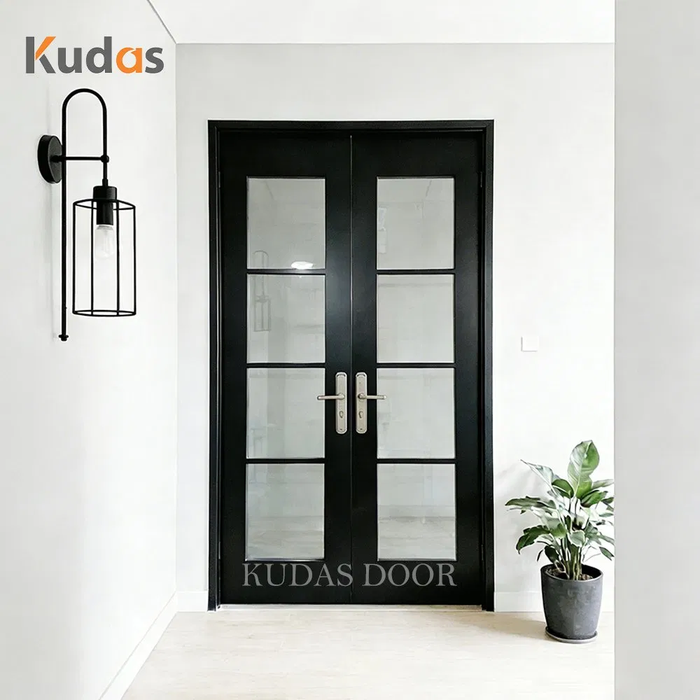 Modern Exterior Black Grid Glass Double Entry Patio French Doors for House