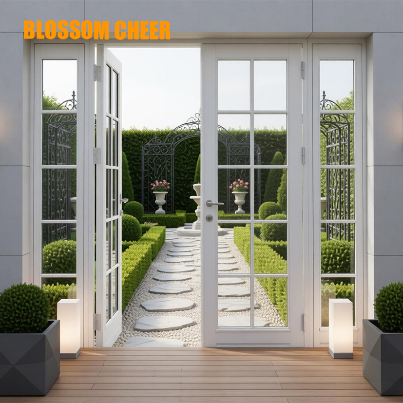 Guangzhou Premium Quality White Plywood Solid Wood Frame French Glass Swing Doors