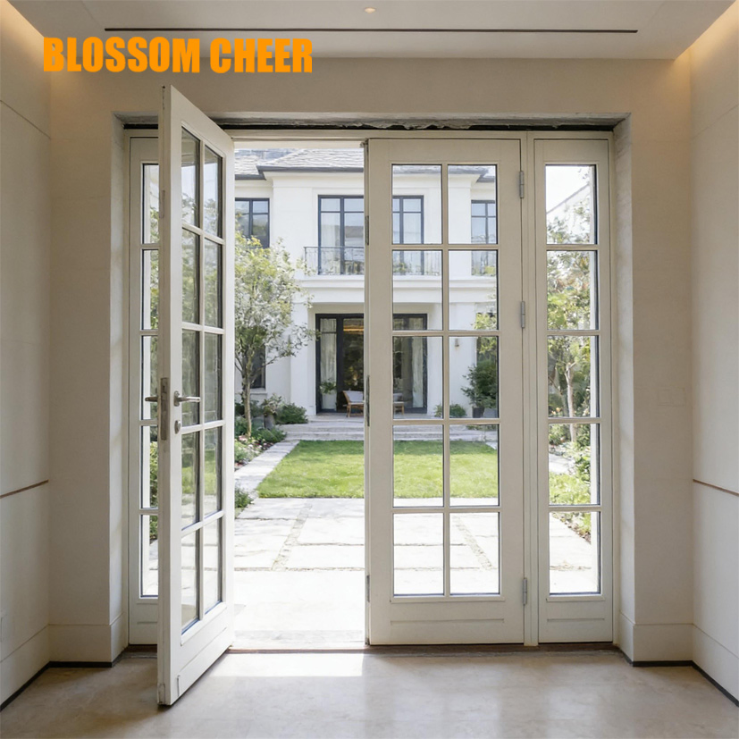 Guangzhou Premium Quality White Plywood Solid Wood Frame French Glass Swing Doors