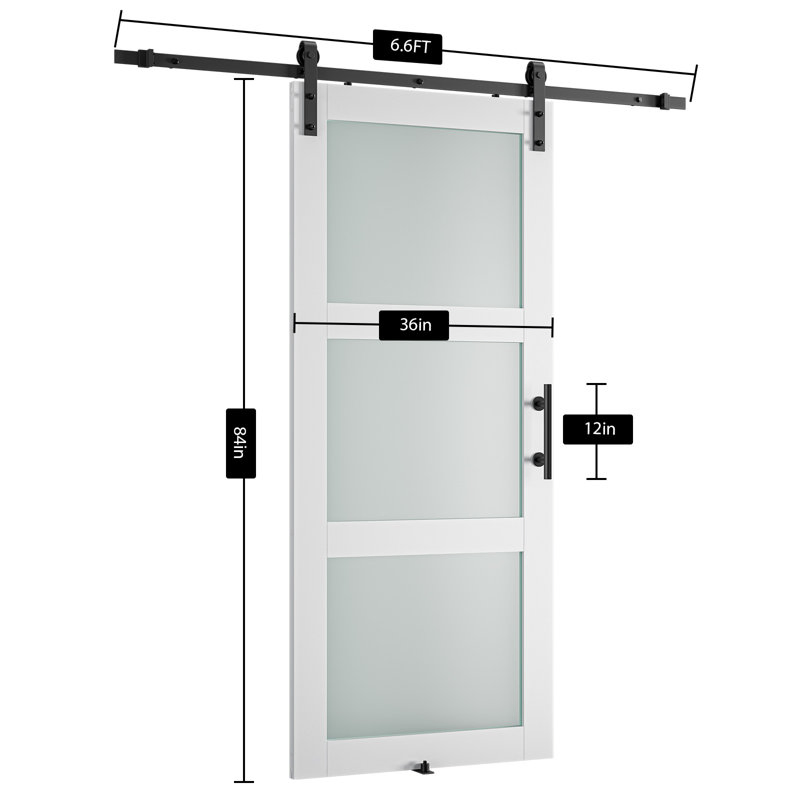 3-Lite Wood Frosted Glass Barn Door with Installation Hardware Kit