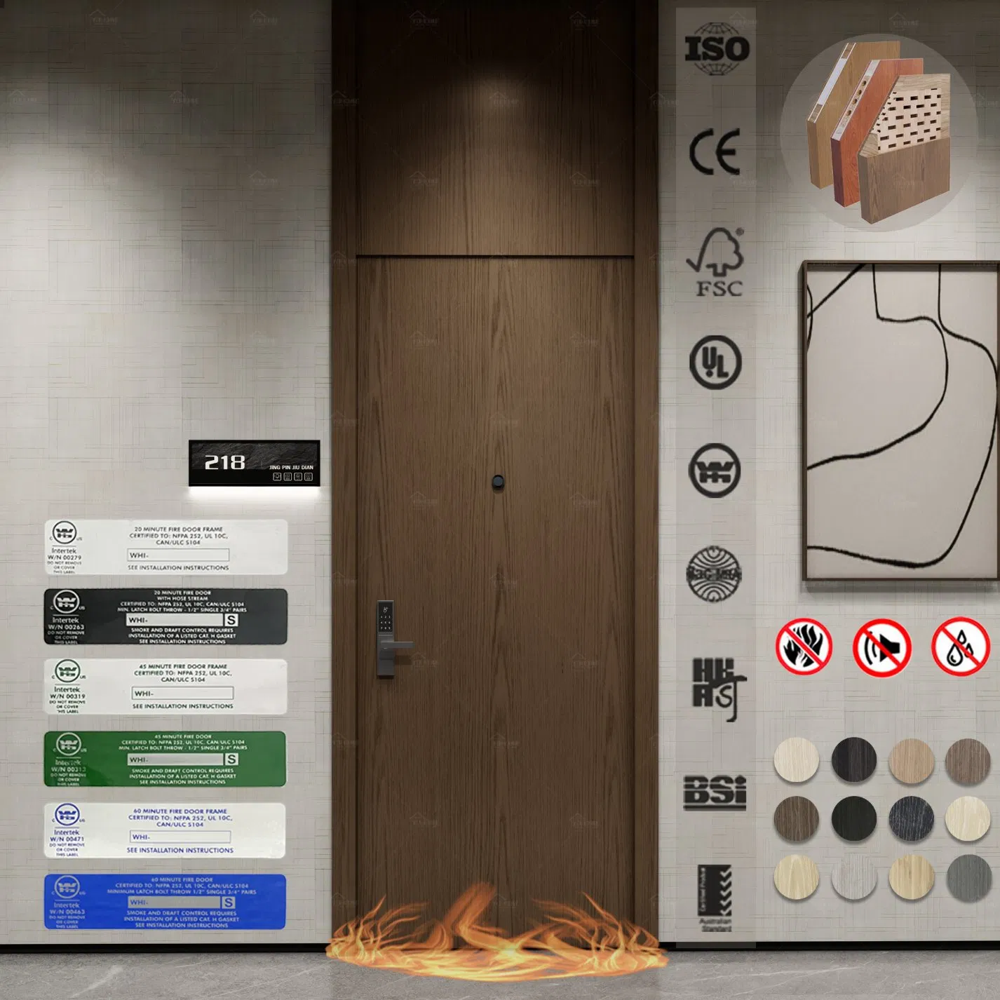 En1634-1 European Standard 30 60 Minute Fire Rated Solid Core Timber Door CE Marked for Boutique Hotel Suites Romania