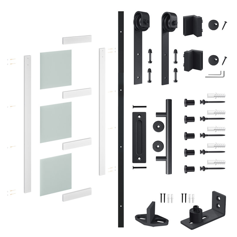 3-Lite Wood Frosted Glass Barn Door with Installation Hardware Kit