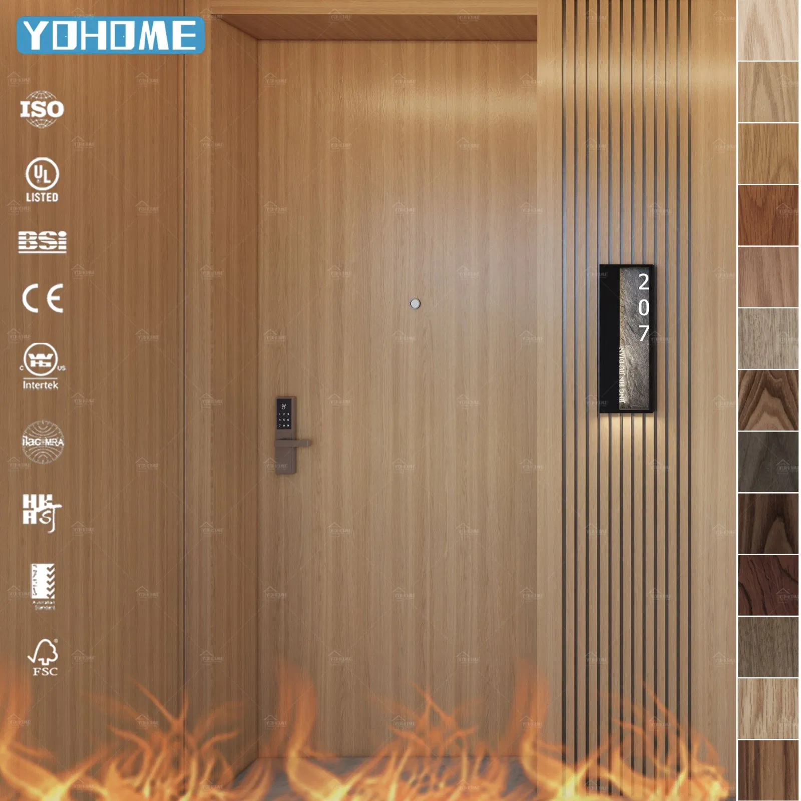 American Fire Door Custom Hotel Apartment Oak Veneer 44mm Thick Internal Modern 20 45 60 Minute Fire Rated Wood Door