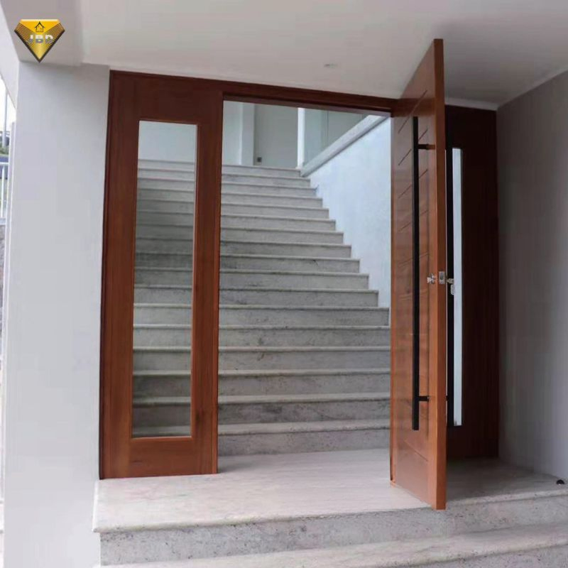 European Security Flush Front Door Single Swing Oak Solid Wood Large Glass Apartment Entryway Entry Door