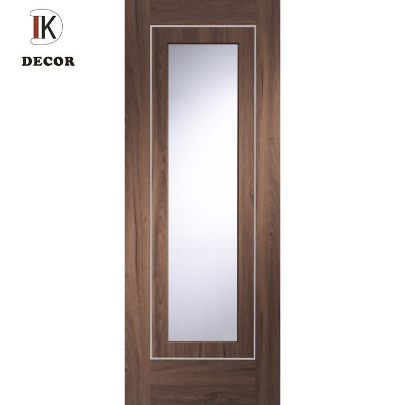 Aluminium Insert Strip Internal Solid Wood Walnut Door with Frosted Glass for Bathroom
