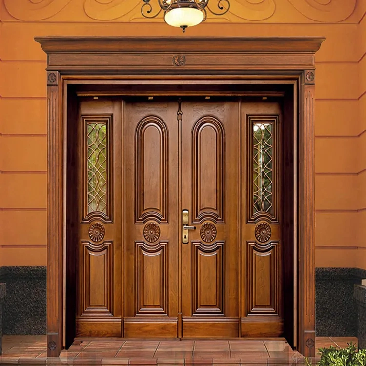 Top Quality Wooden Door House Villa Exterior Double Engrave Wooden Doors Custom Made Solid Wood Main Front Entry Door Design