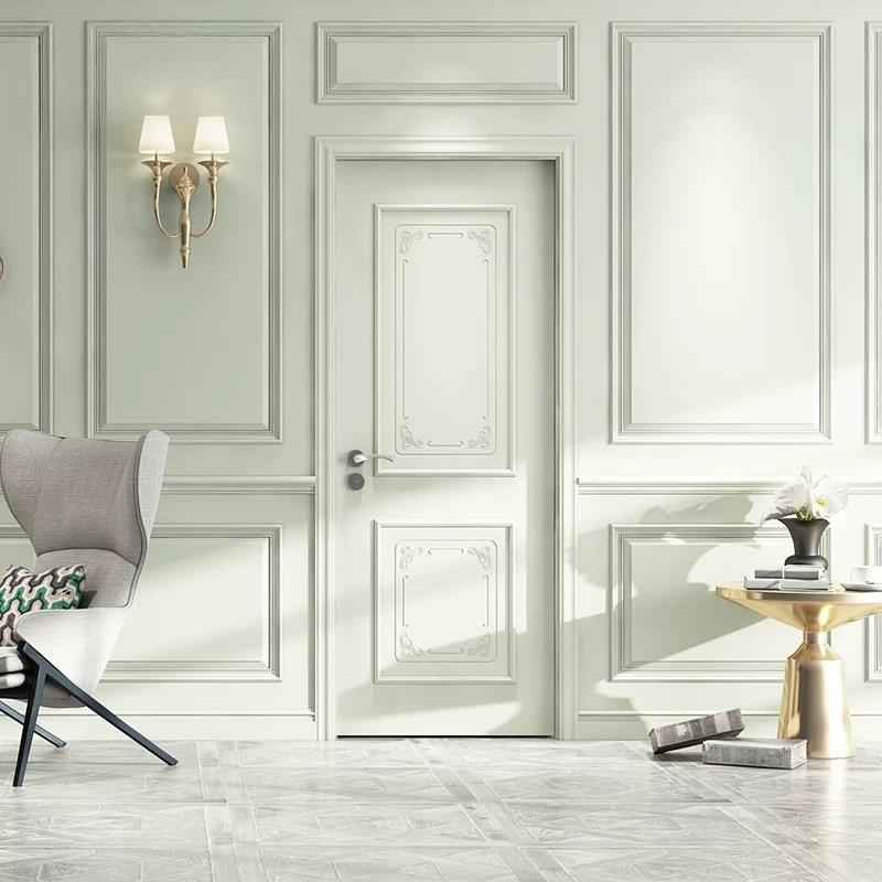 Light Cream White European Style Double Solid Wood Doors Luxury Interior Doors for Formal Living Rooms and Villas with Classic Carved Details
