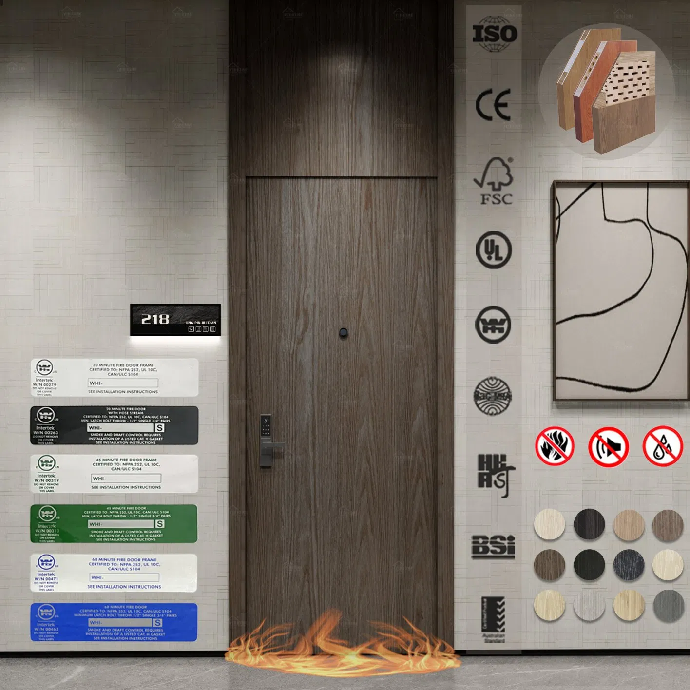 En1634-1 European Standard 30 60 Minute Fire Rated Solid Core Timber Door CE Marked for Boutique Hotel Suites Romania