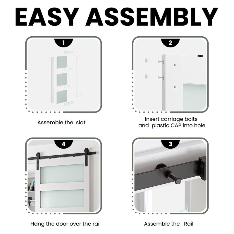 3-Lite Wood Frosted Glass Barn Door with Installation Hardware Kit