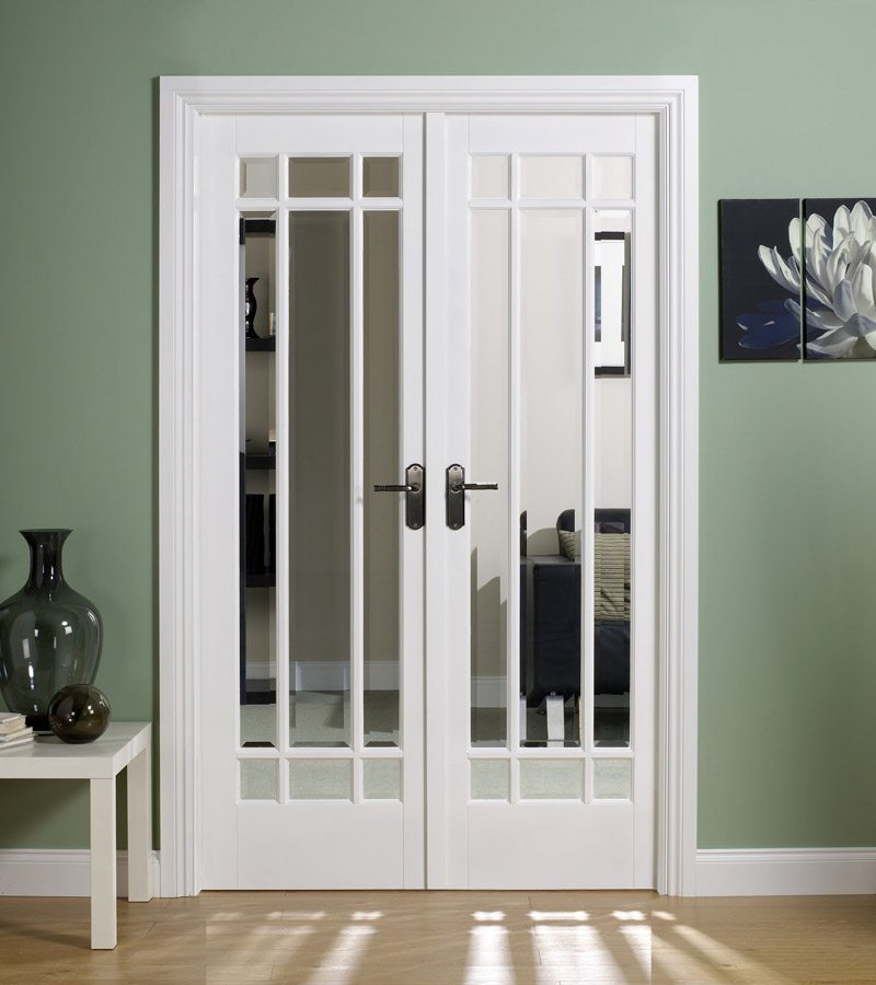 Stained or Painted Optional Patio Hinged Double French Wood Door with 8 Lite Glass Pane