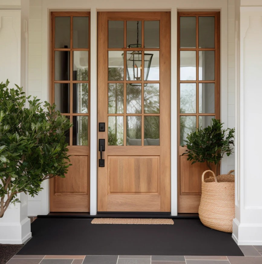 latest Design French Style Solid Wooden Single Door with Sidelights and Glass for Patio
