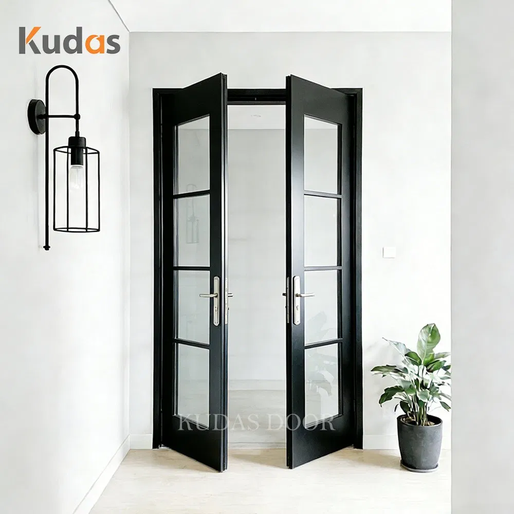 Modern Exterior Black Grid Glass Double Entry Patio French Doors for House