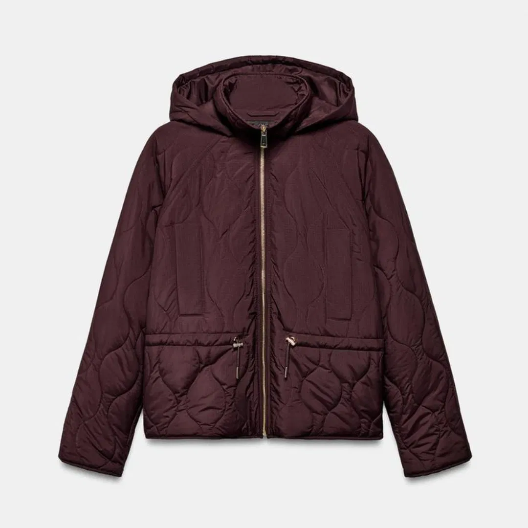 Women Hooded Quilted Puffer Jacket Wave Stitch Waist Drawstring Winter Padded Coat