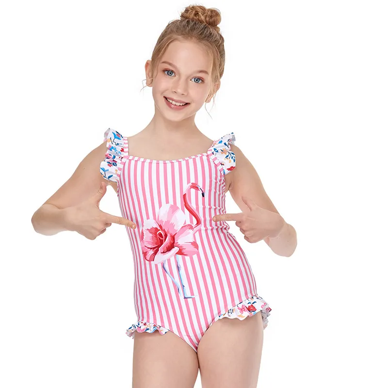 Girls One Piece Flower Ruffle Design Swimwear
