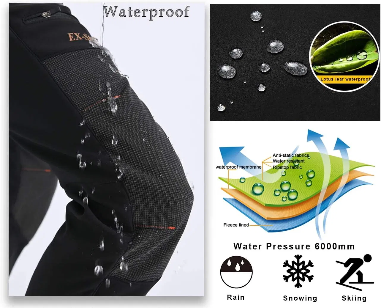 Womens Outdoor Snow Ski Pants Waterproof Hiking Insulated Softshell Pants Snowboard Zipper Bottom Leg