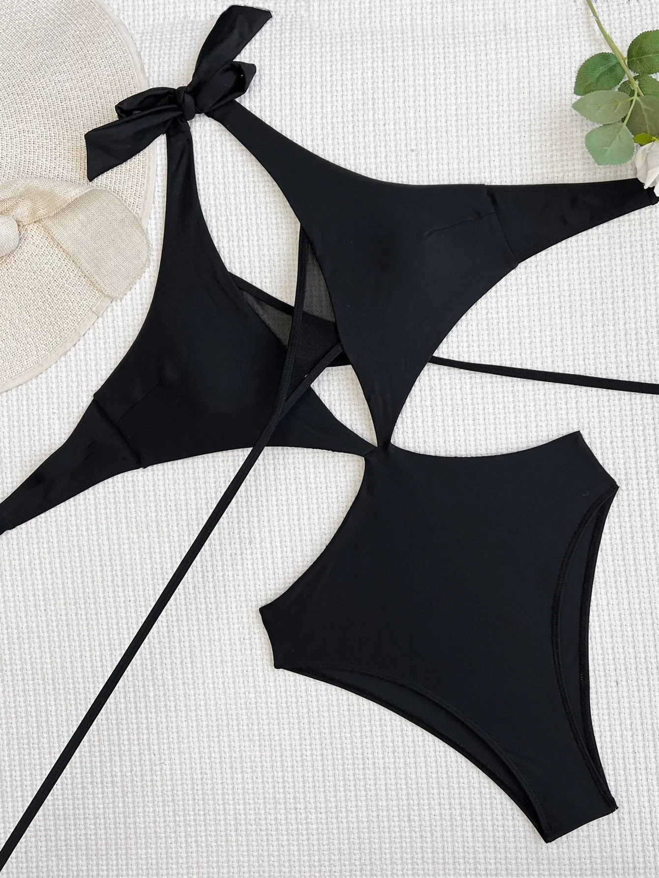 Lace Look Through Sexy Black Bandage Halter Swimwear Women Mesh Patchwork Push up One Piece Swimsuit Monokini Backless Bathing Suit