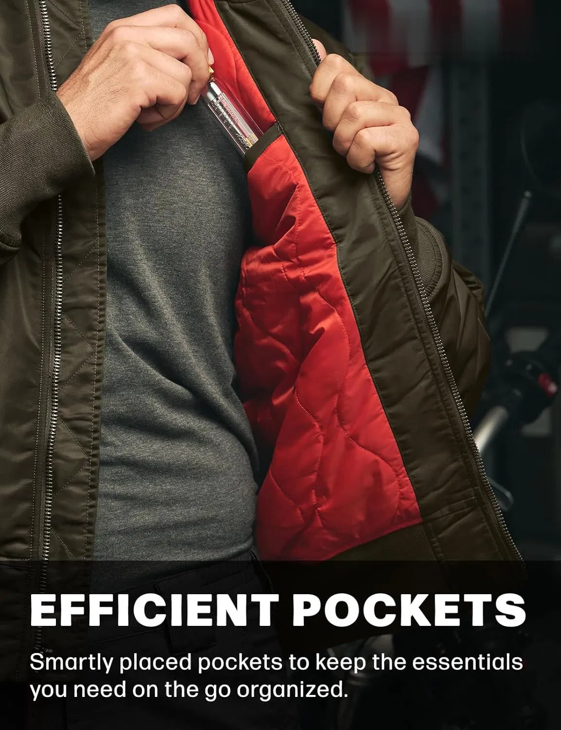 Men's Casual Bomber Jacket, Outdoor Fall/Winter Zip-up Windbreaker, Water Resistant Padded Ma-1 Flight Jacket with Pocket