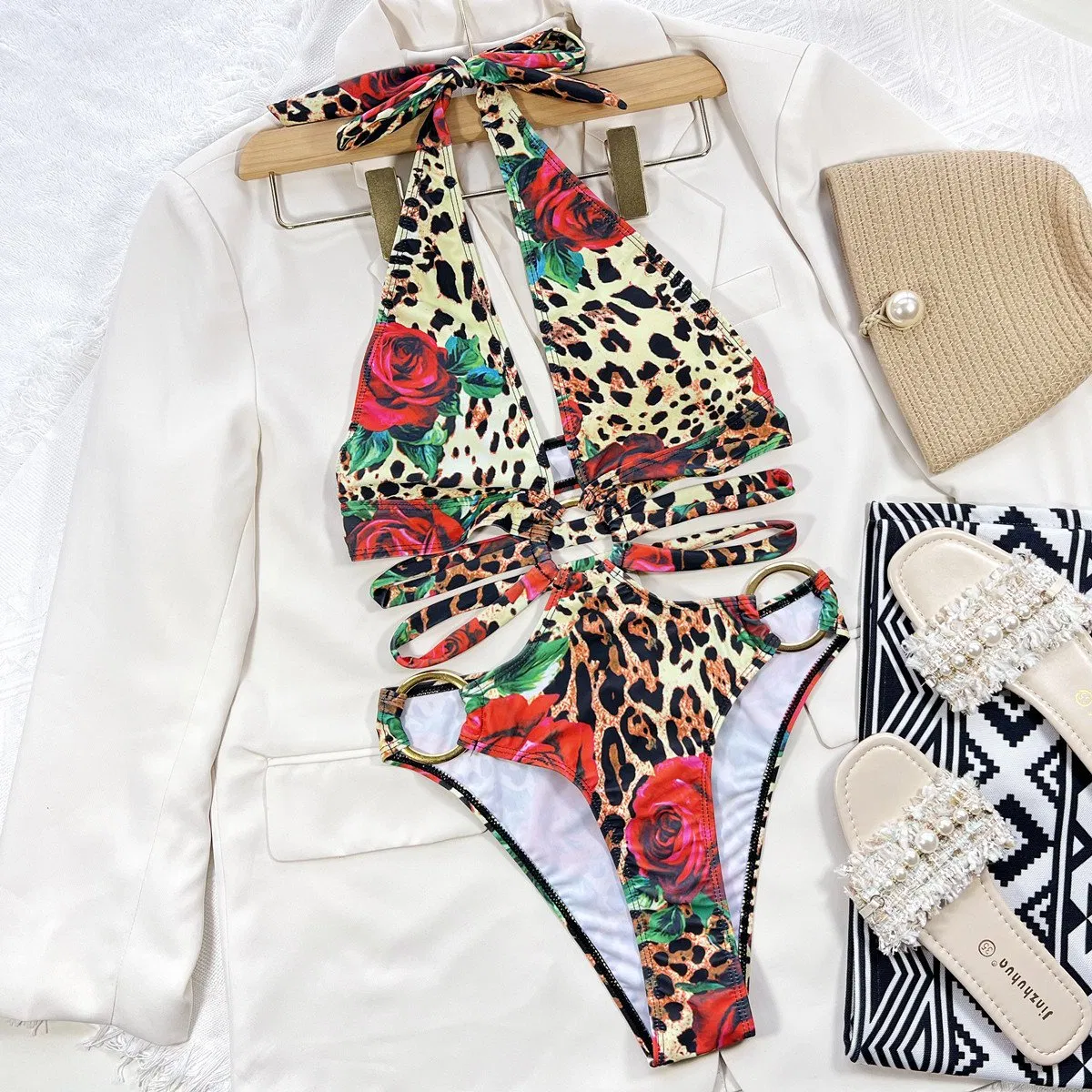 One Piece Halter Swimwear Womens Sexy Bikini Solid Color/Printing Metal Ring Slim Fit Swimsuit Beach Bathing Suit
