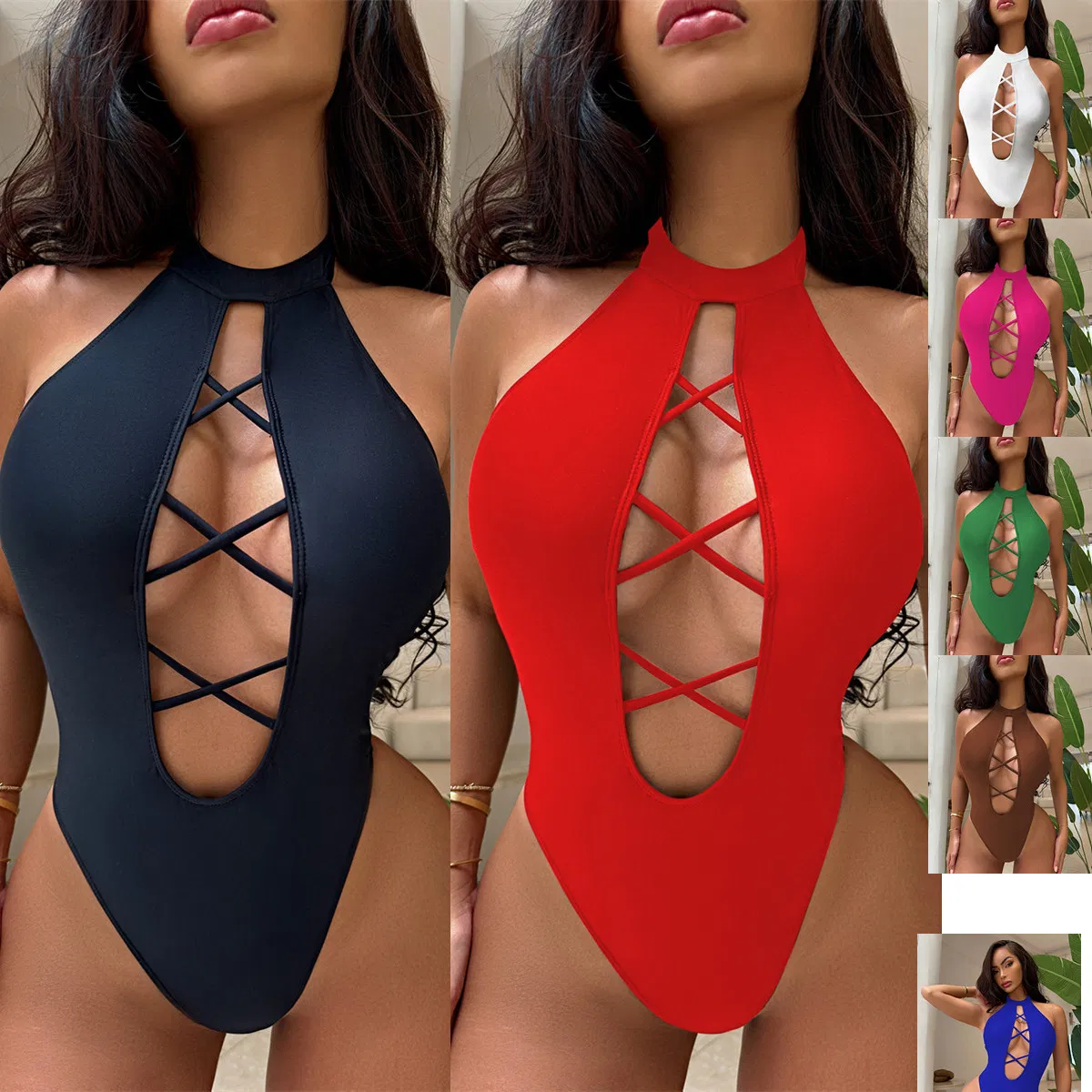 7 Colors Solid One Piece Swimsuit Sexy Women High Leg Cut out Swimwear High Quality Bathing Suit