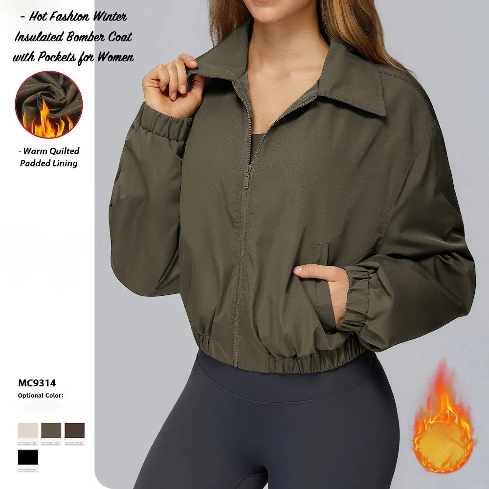 Wholesale Stree Fashion Winter Quilted Coats Long Sleeve Insulated Bomber Jackets for Women, Premium Waterproof Lapel Colla Zipper Outerwear with Side Pockets