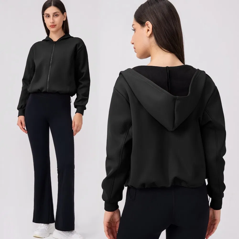 Women's Insulated Winter Street Fashion Outerwear Casual Polar Fleece Lined Hoodie with Adjustable Hem, Long Sleeve Cropped Athletic Jackets with Pocket