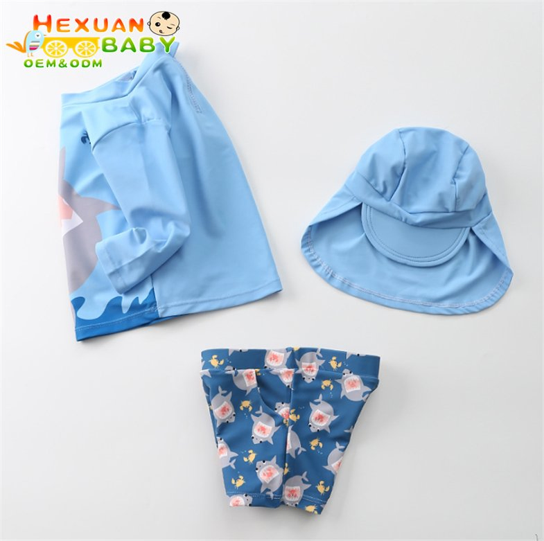 Baby Toddler Boy Kids 3- Piece Rash Guard Swimsuit, UV Sun Protection Long Sleeve Sunsuit Swimwear Sets with Sun Hats