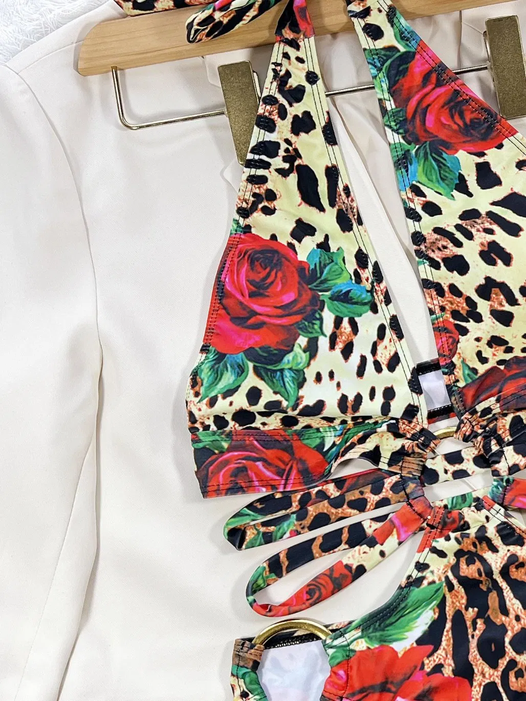 One Piece Halter Swimwear Womens Sexy Bikini Solid Color/Printing Metal Ring Slim Fit Swimsuit Beach Bathing Suit