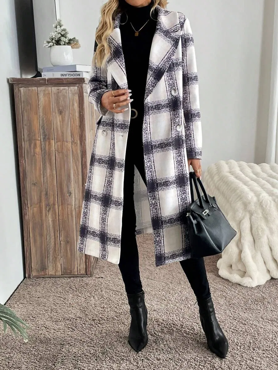 Women's Digital Printed Houndstooth Long Coat with Turn-Down Collar Double Button Pocket for Autumn Winter