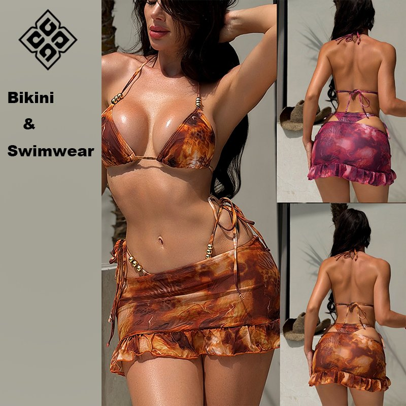 Beach Wear Summer 3 Piece Swimsuit Luxury Swimwear Women Triangle Bikini Set with Cover up Skirt