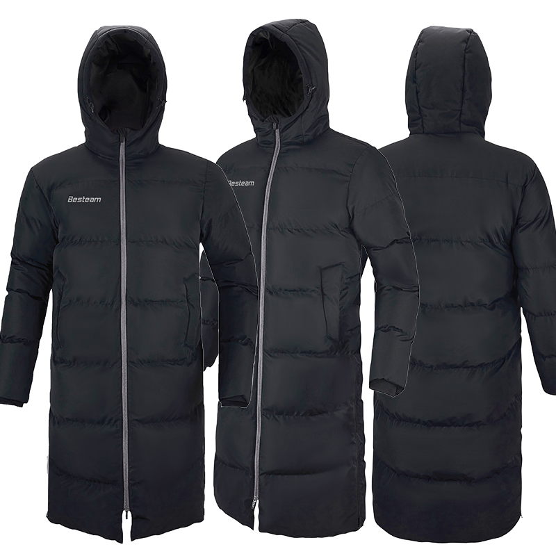 Black Sports Coat for Adults Kids Winter Long Down Hooded Padded Jacket Over Knee High Quality Warm