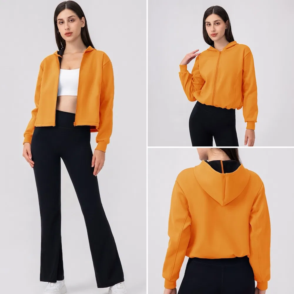 Women's Insulated Winter Street Fashion Outerwear Casual Polar Fleece Lined Hoodie with Adjustable Hem, Long Sleeve Cropped Athletic Jackets with Pocket